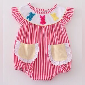 Abby & Evie Infant Girls Newborn Pink‎ Stripe Easter Bunny French Knot Bubble